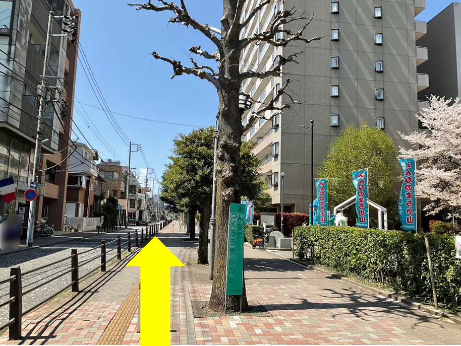 ④階段を降りきったところです。公園を右手に見ながら、そのまま、まっすぐ進んでください